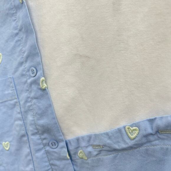 Maje Off-Shoulder Heart Pattern Pop Over  Poplin Blouse Women's S Blue White - Picture 10 of 11